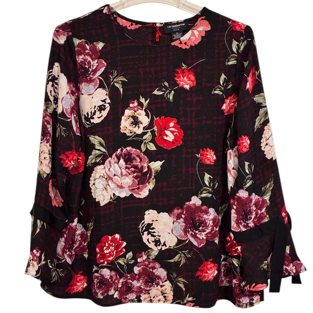 Liz Claiborne Burgundy Floral Long-Sleeve Blouse NWT. Petite Large